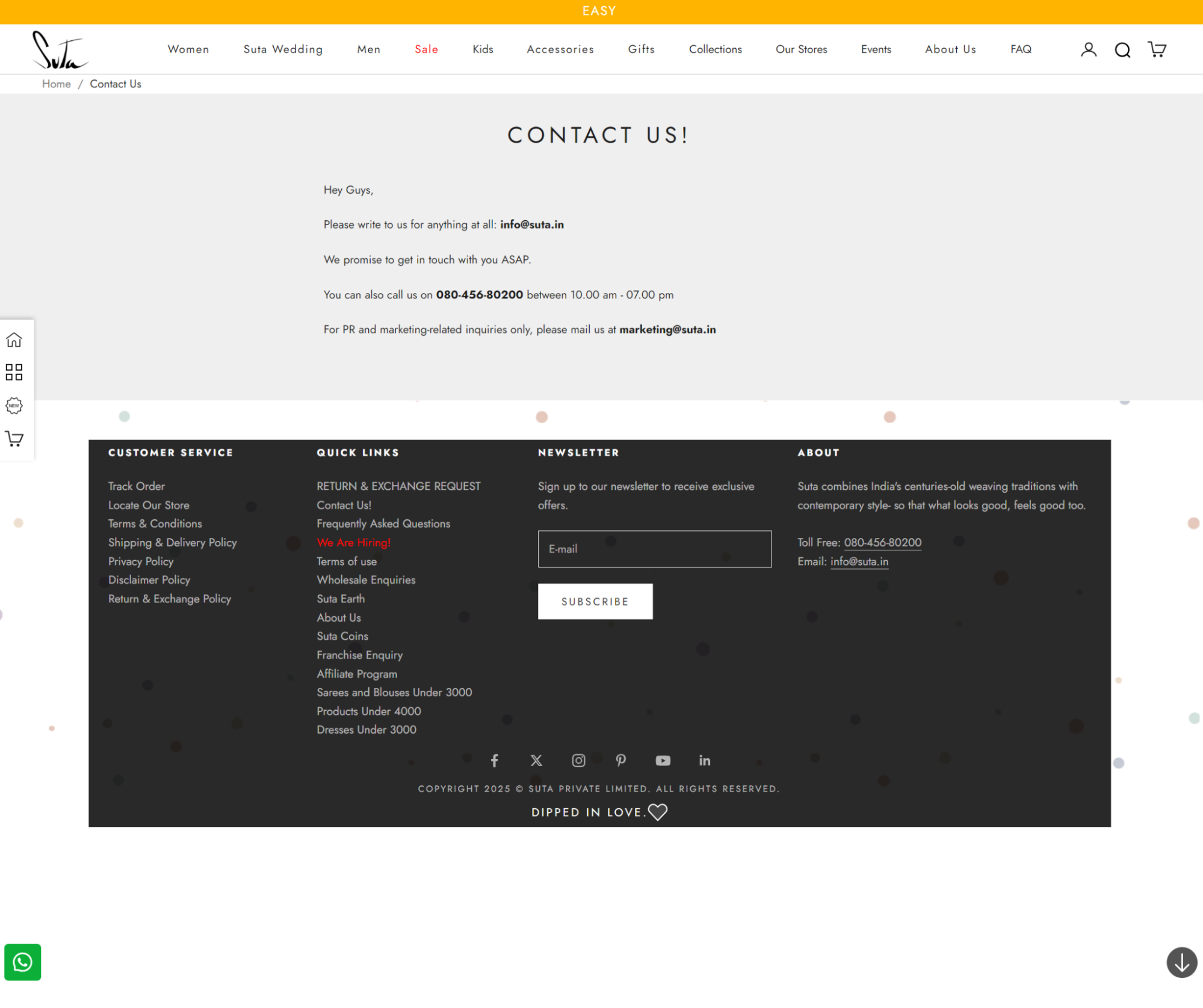 Dropshipping marketing strategies: Contact page of a website with email addresses, phone numbers, and contact information listed for customer service, press, and marketing inquiries. Footer includes navigation links and a newsletter subscription box.