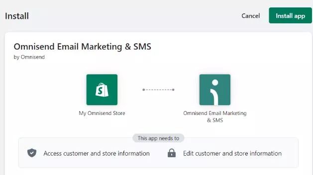 Shopify discount popup: Screenshot of an app installation page for Omnisend Email Marketing & SMS on Shopify, showing icons for the store and the app, and required permissions to access and edit customer and store information.
