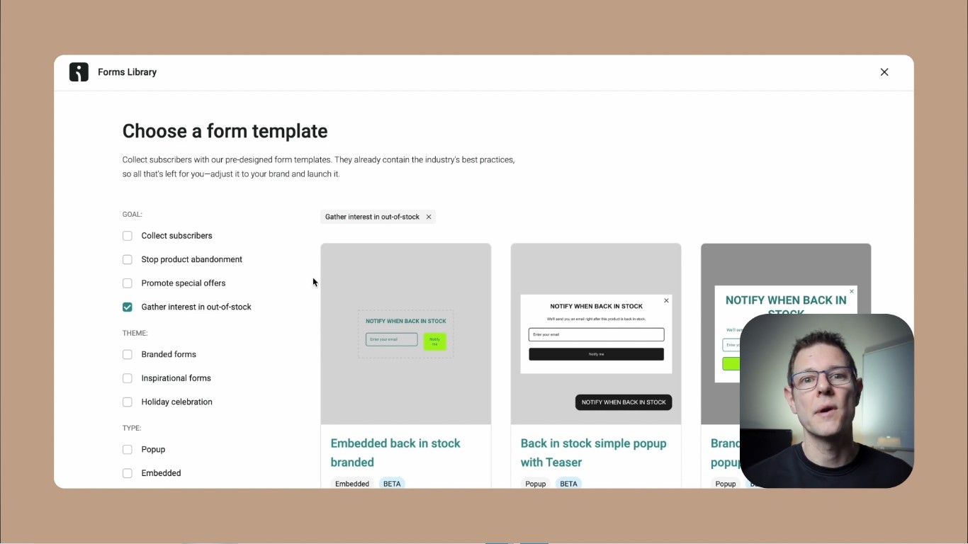 Shopify back-in-stock email: A computer screen displays a form template selection page with different template options. On the bottom right, a person with glasses is visible in a small video overlay, appearing to explain or present the content.