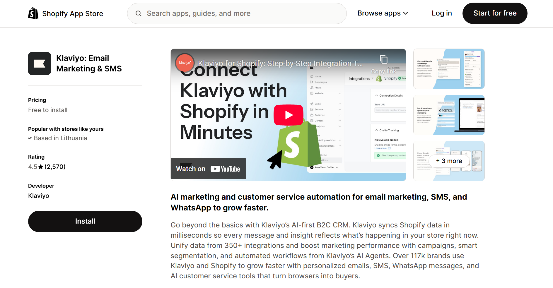 Best email marketing for Shopify: Screenshot of the Klaviyo: Email Marketing & SMS app page on the Shopify App Store, showing the app’s name, rating, Install button, promo video, and a description highlighting its features and benefits.