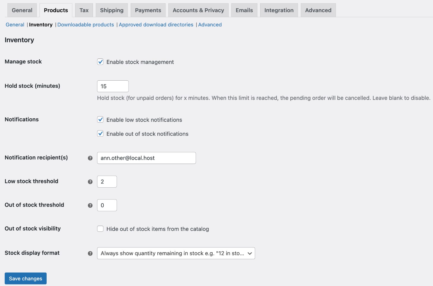 WooCommerce inventory management: Screenshot of an inventory management settings page with options to enable stock management, set hold time for orders, enable low stock notifications, set thresholds, and save changes.