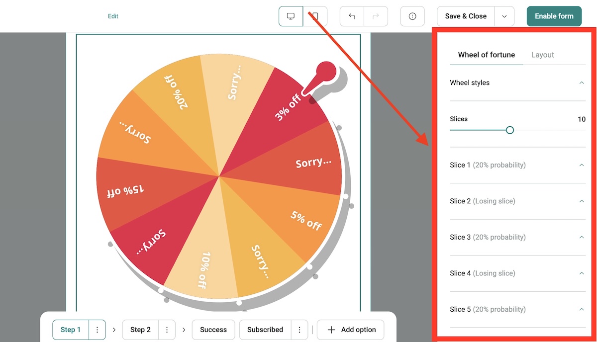 Shopify spin the wheel: Screenshot of a digital Wheel of Fortune editor. The wheel has colored slices labeled with discounts and Sorry, while settings on the right allow adjustment of slice probability and number. An arrow points to the settings panel.