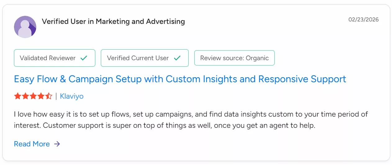 Omnisend vs Klaviyo: A customer review for Klaviyo dated 02/23/2026 highlights easy flow and campaign setup, responsive support, and 4.5-star rating. The reviewer is a validated, current user in Marketing and Advertising.