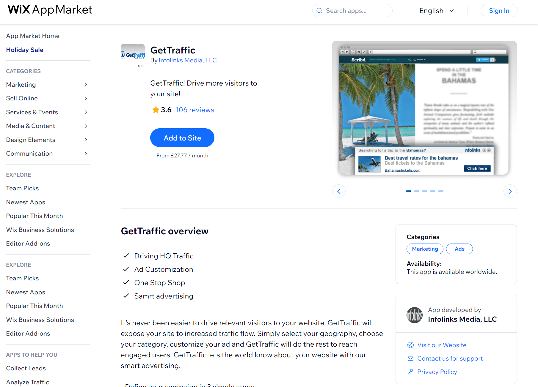 Wix apps: GetTraffic app page