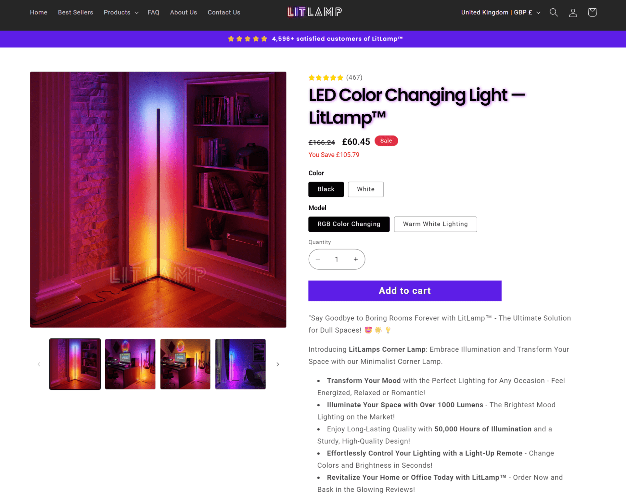 Dropshipping marketing strategies: Screenshot of a product page for the LitLamp LED Color Changing Light, showing a tall corner lamp illuminating a room with colorful lights. Product details, price, reviews, and an “Add to cart” button are visible.