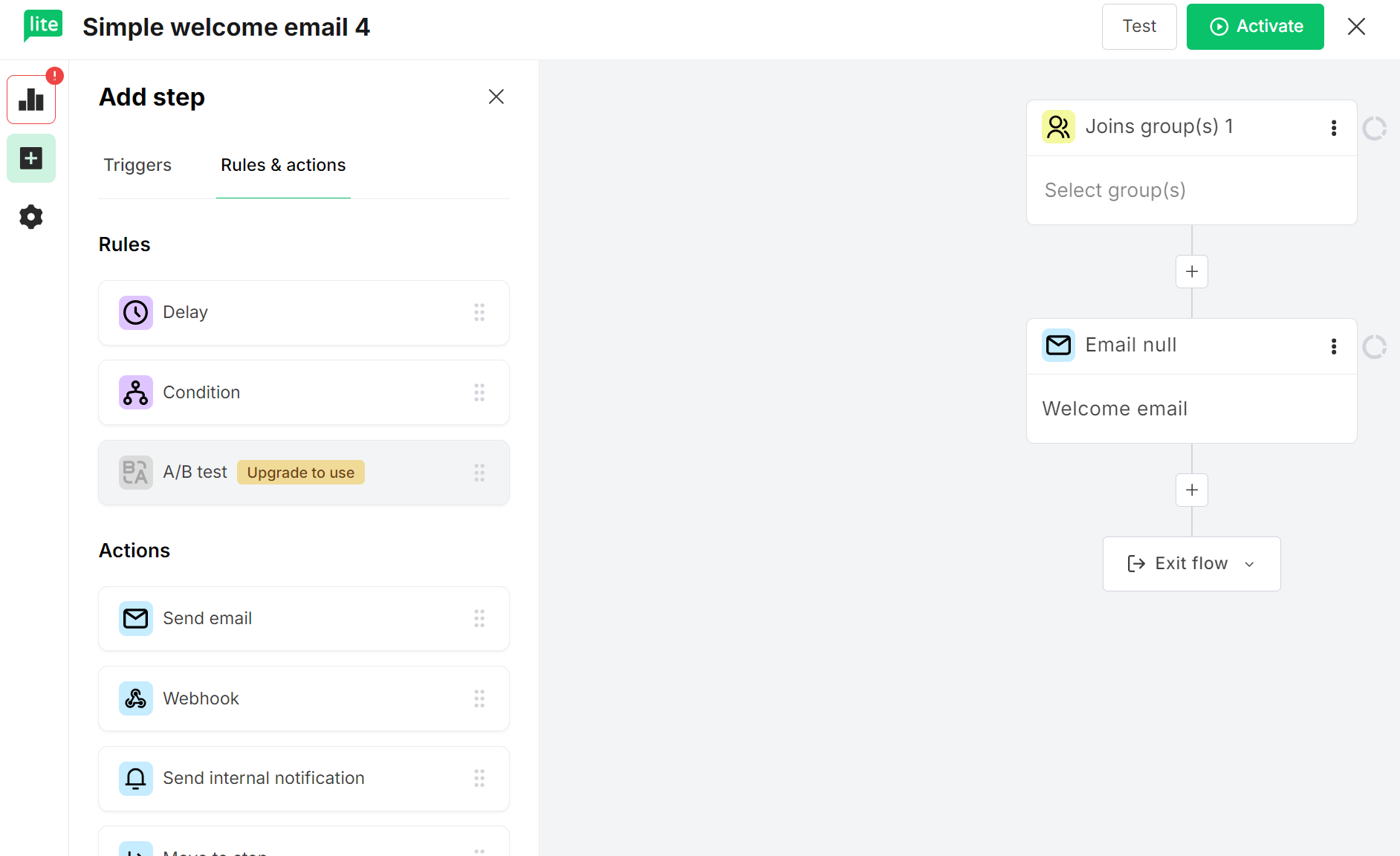 MailerLite vs Klaviyo: Screenshot of an email automation workflow editor showing a step where a user joins a group and receives a welcome email. The left menu lists rules and actions like sending email, webhook, and delay options.