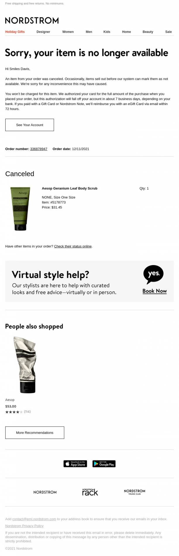 Out of stock email: A Nordstrom webpage states an item is no longer available. The canceled item is a green tube labeled Aesop Geranium Leaf Body Scrub. Suggested alternatives and style help options appear below.