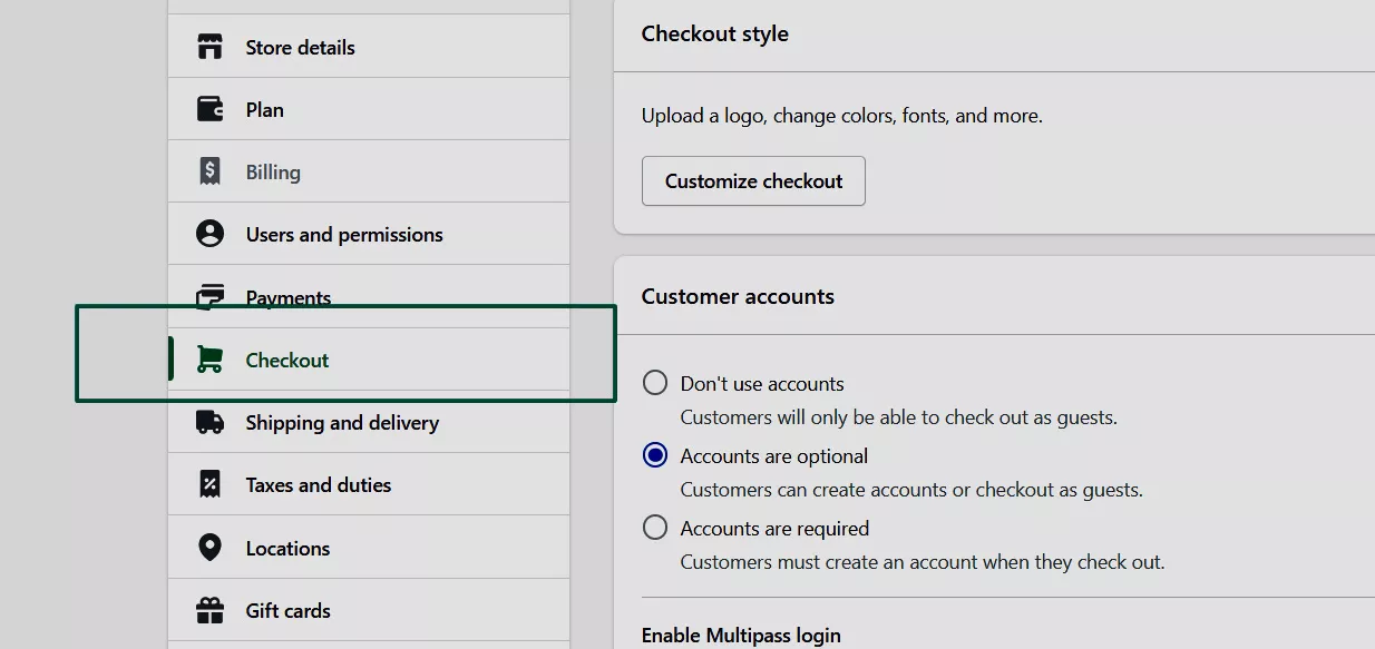Shopify SMS: Screenshot of a website admin panel showing the Checkout settings. The right section displays options for customer accounts: don’t use accounts, accounts are optional, and accounts are required.