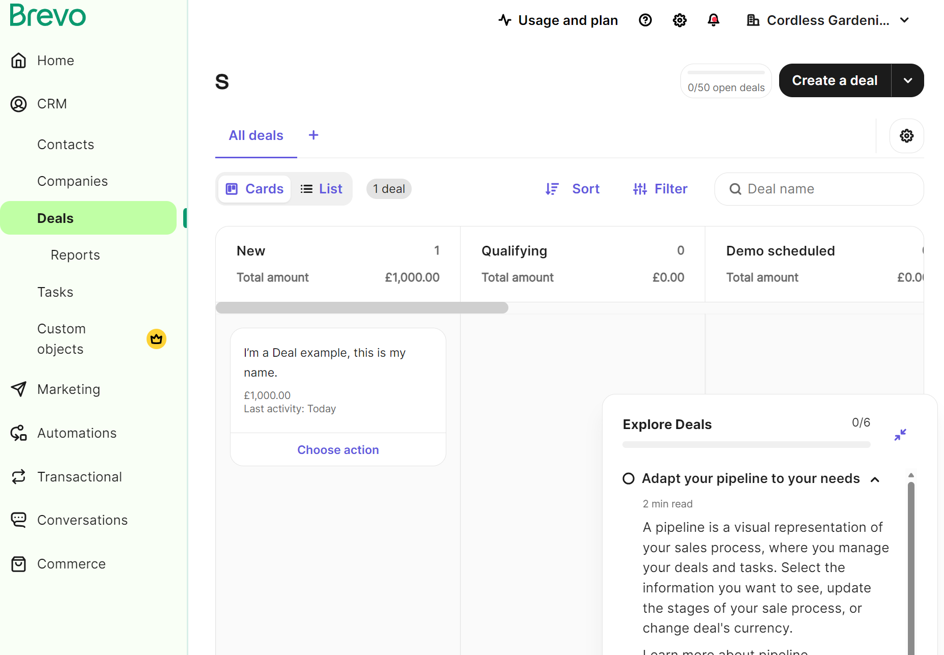 Mailchimp alternatives: A screenshot of the Brevo CRM Deals page showing a left sidebar menu, a new deal example with a £1,000 total, and options to filter, sort, and switch views between cards and lists. The page is mostly white with green highlights.