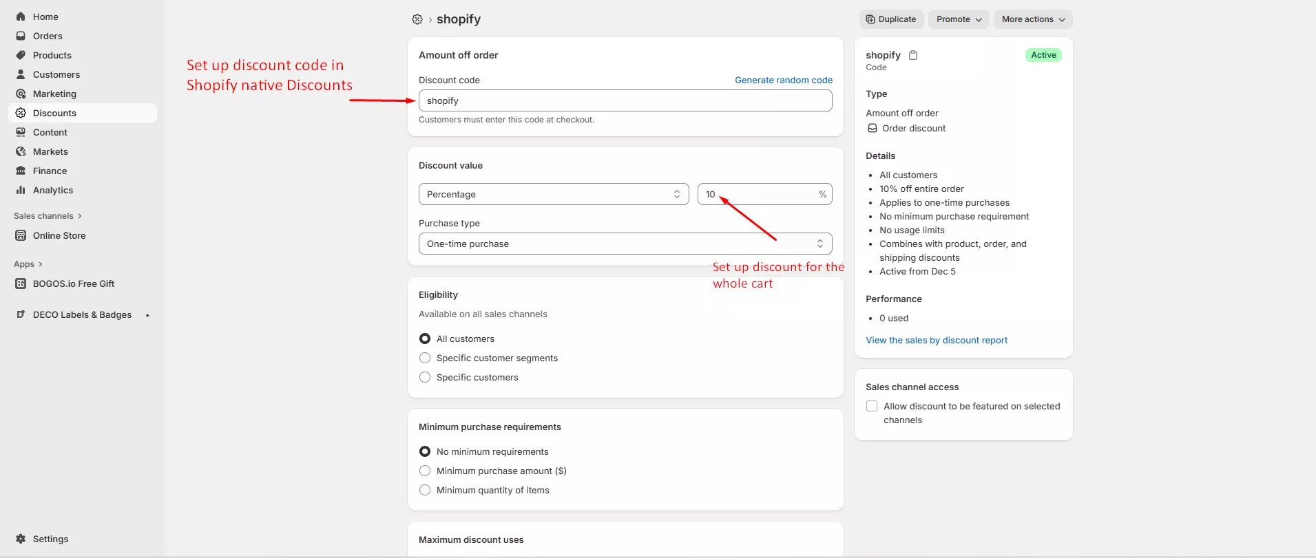 Shopify discount popup: Screenshot of Shopifys discount setup page, showing fields for discount code, discount type, amount, purchase type, and eligibility. A red arrow points to Discount value with text: Set up discount for the whole cart.