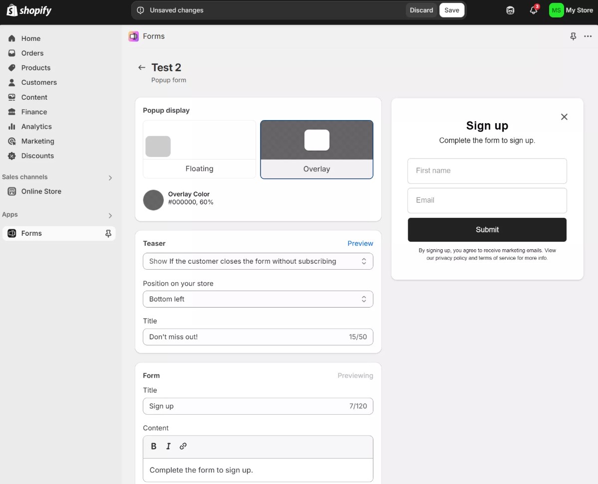 Shopify newsletter: A Shopify dashboard displays the customization options for a popup sign-up form, featuring settings for popup style, position, and teaser text. A live preview of the form appears on the right side.