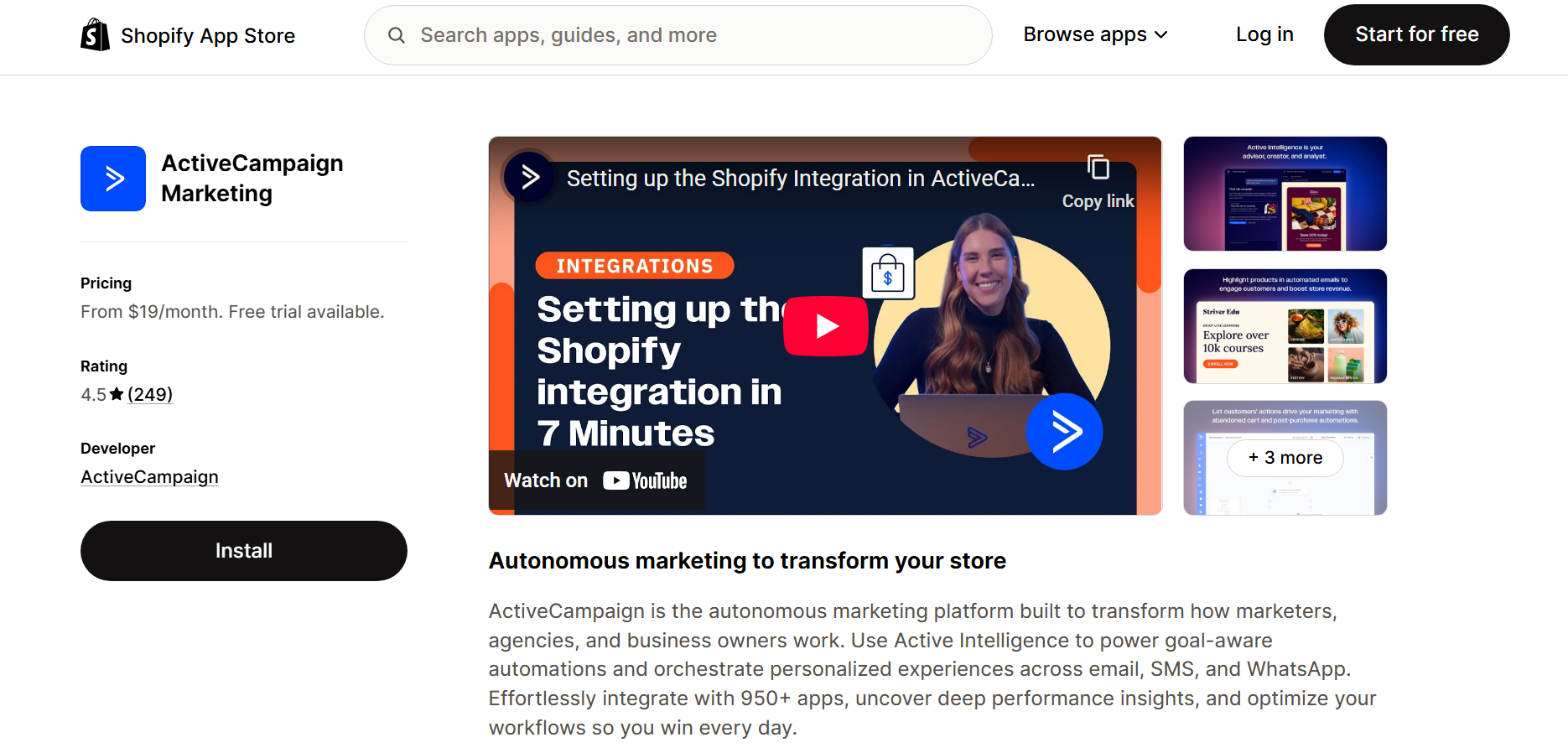 Best email marketing for Shopify: Screenshot of the Shopify App Store page for ActiveCampaign Marketing, featuring app details, pricing, a video on setting up the Shopify integration, an Install button, and a brief app description.