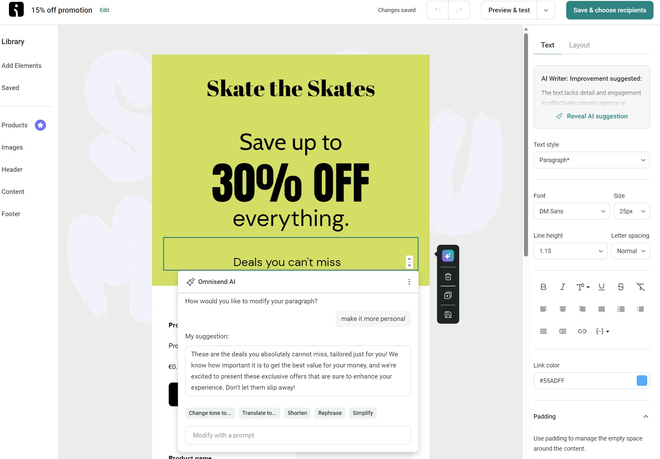 Email marketing campaign: A website editor displays a yellow-green promotional banner reading Skate the Skates. Save up to 30% OFF everything. Below is a text box labeled Deals you can’t miss and a popup suggesting edits for the banner’s text.