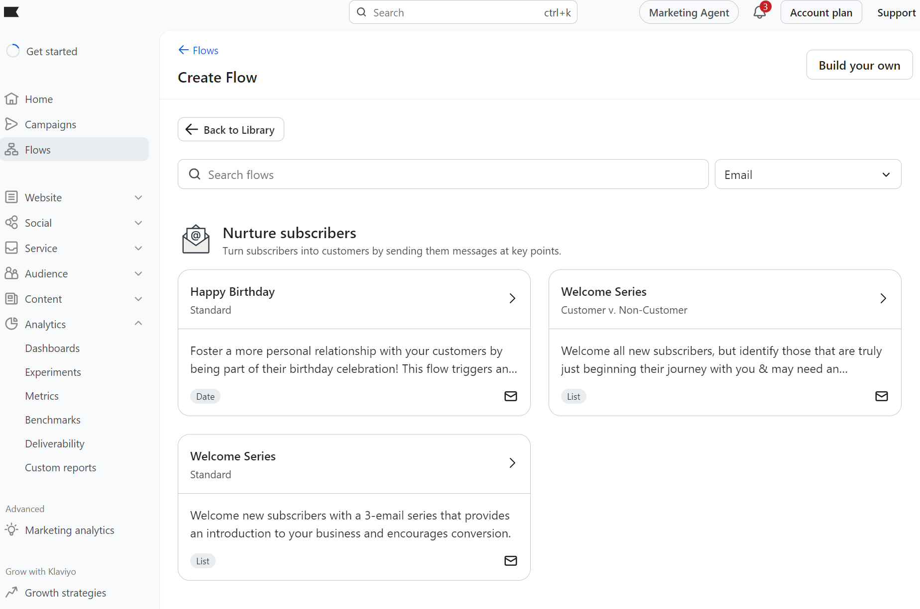 MailerLite vs Klaviyo: A dashboard interface for creating customer flows, showing options for nurturing subscribers like Happy Birthday and Welcome Series, each with descriptions, under the Email tab in a marketing platform.