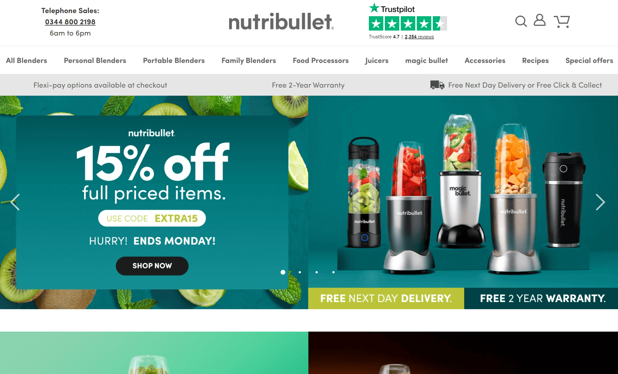 Benefits of WooCommerce: Screenshot of the Nutribullet website homepage showing a banner for 15% off full-priced items, images of blenders with fruit, and green labels highlighting free next day delivery and a free 2-year warranty.