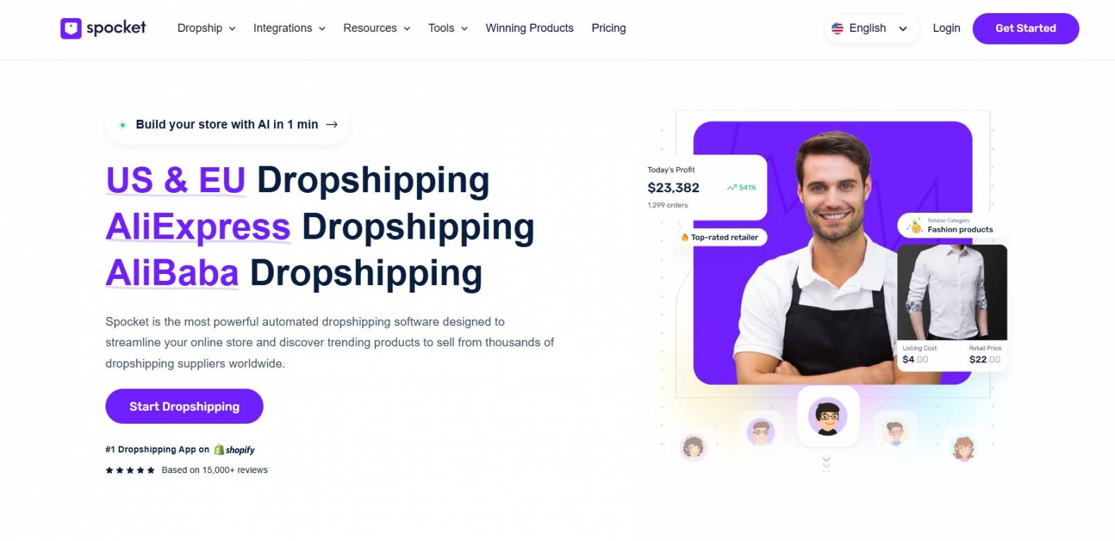 Dropshipping pet products: Spocket home page