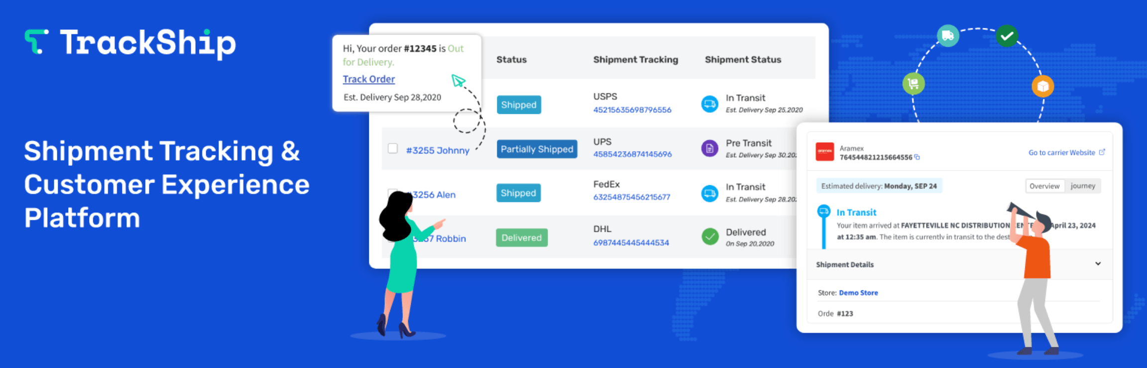 WooCommerce shipment tracking: A digital illustration showing TrackShips shipment tracking dashboard, with animated people interacting with order status updates, carrier info, and delivery details on a blue background. Text: Shipment Tracking & Customer Experience Platform.