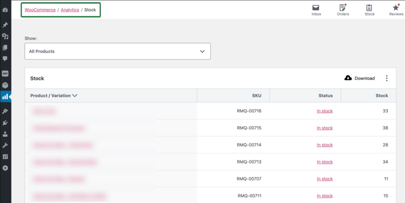 WooCommerce inventory management: Screenshot of a WooCommerce Analytics Stock page showing a list of products with SKU, stock status, and stock numbers. The breadcrumb navigation reads WooCommerce / Analytics / Stock. Some product details are blurred.