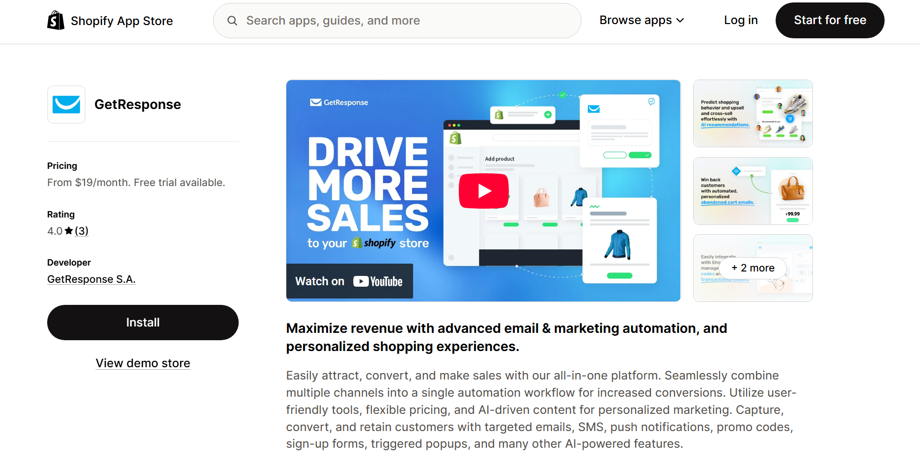 Best email marketing for Shopify: Shopify App Store page for GetResponse, showing app details, pricing from $19/month, a 4.0-star rating, install button, and a promotional banner that reads Drive More Sales with email and app interface visuals.