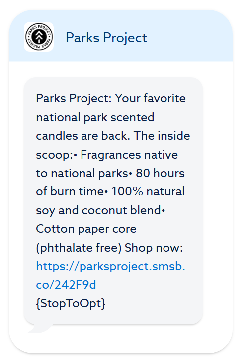 SMS marketing: A message from Parks Project promoting national park scented candles, listing features like 80-hour burn time, natural soy and coconut blend, cotton core, and a link to shop online.