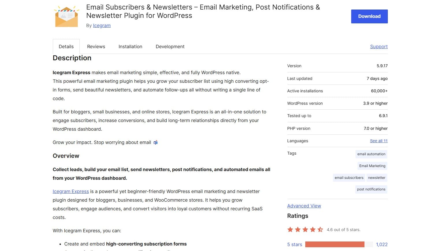 WooCommerce email marketing plugins: Screenshot of the “Email Subscribers & Newsletters” WordPress plugin page, showing the plugin overview, version info, ratings, a blue download button, and description text about its email marketing features.
