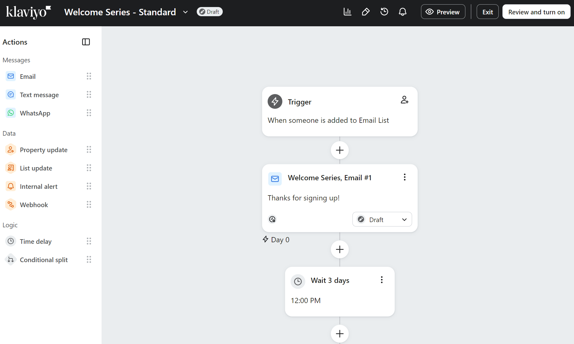 MailerLite vs Klaviyo: A screenshot of a Klaviyo automation workflow showing a sequence: a trigger for adding someone to an email list, sending a welcome email, and waiting three days before the next action. Menu options appear on the left side.