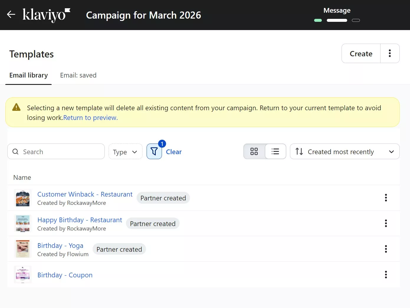 Omnisend vs Klaviyo: A screenshot of the Klaviyo platform showing the Campaign for March 2026 email library. Four email templates are listed, including winback and birthday themes, with a yellow warning about deleting templates.
