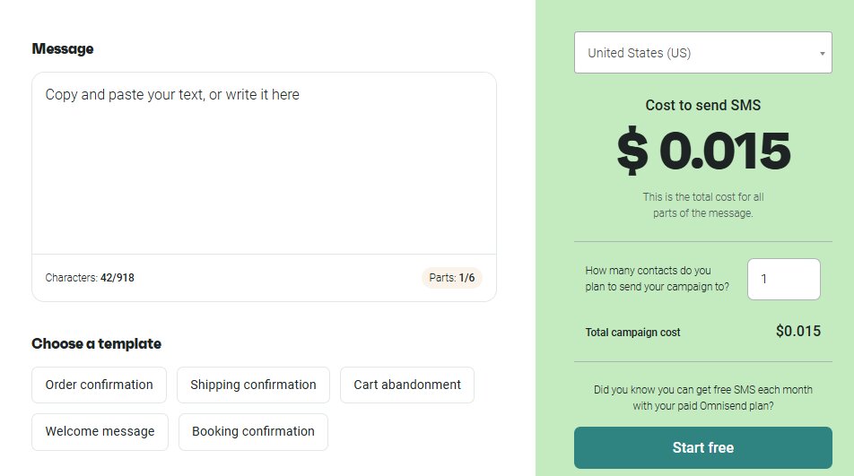 SMS loyalty program: A form interface for sending SMS messages displays a message box, template options, a cost calculator showing $0.015 per SMS, and a green Start free button on the right.