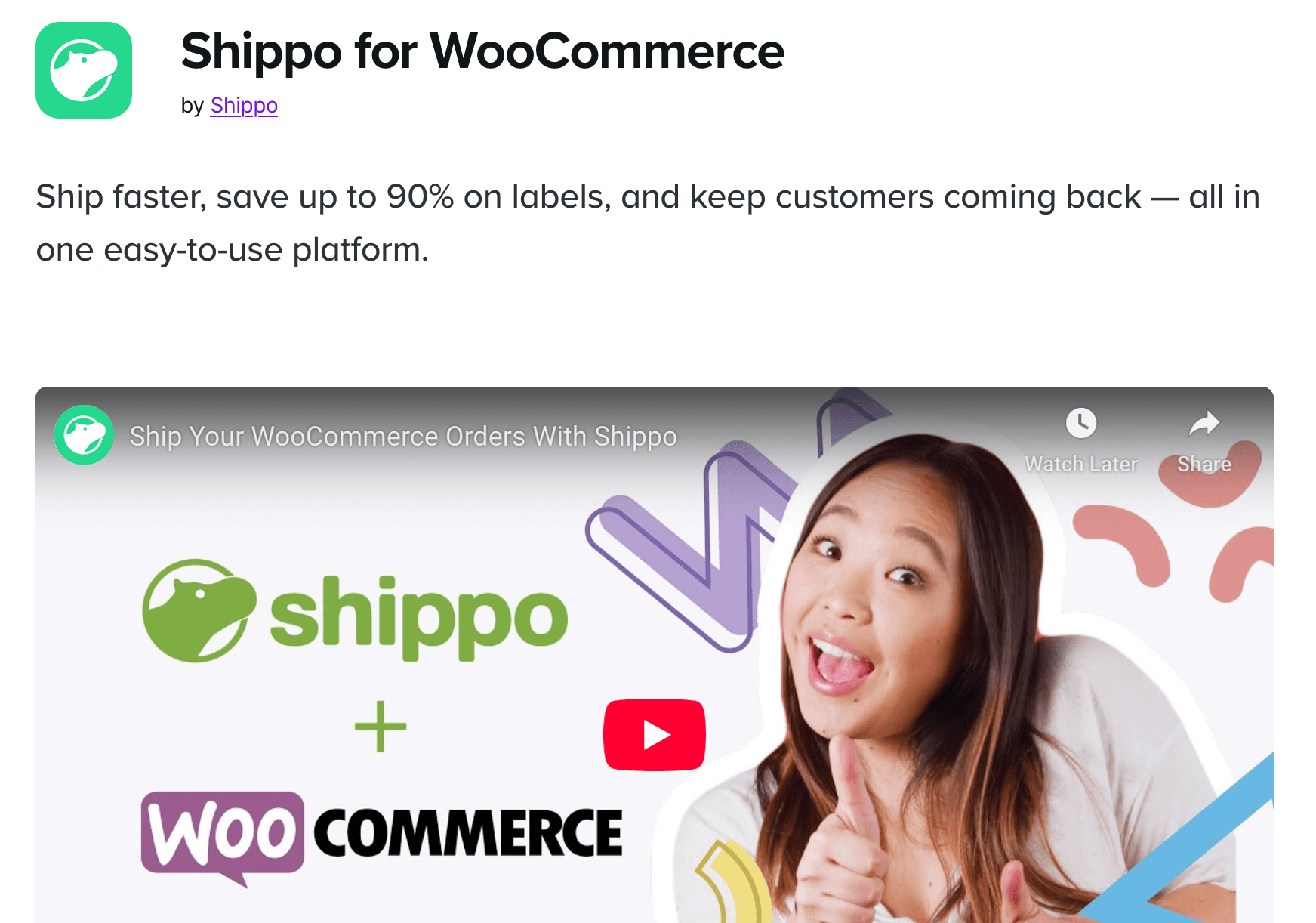 WooCommerce shipment tracking: Screenshot of the Shippo for WooCommerce webpage, showing the Shippo logo, WooCommerce logo, and a video thumbnail with a smiling woman giving a thumbs up. Text promotes saving on labels and platform ease of use.