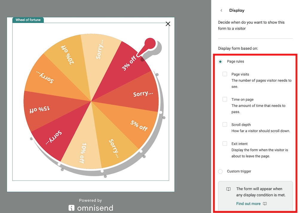 Shopify spin the wheel: A digital Wheel of Fortune with prize sections like 3% off, 5% off, and Sorry, is shown on the left. On the right, display settings for when to show the wheel form to visitors are listed in a menu.