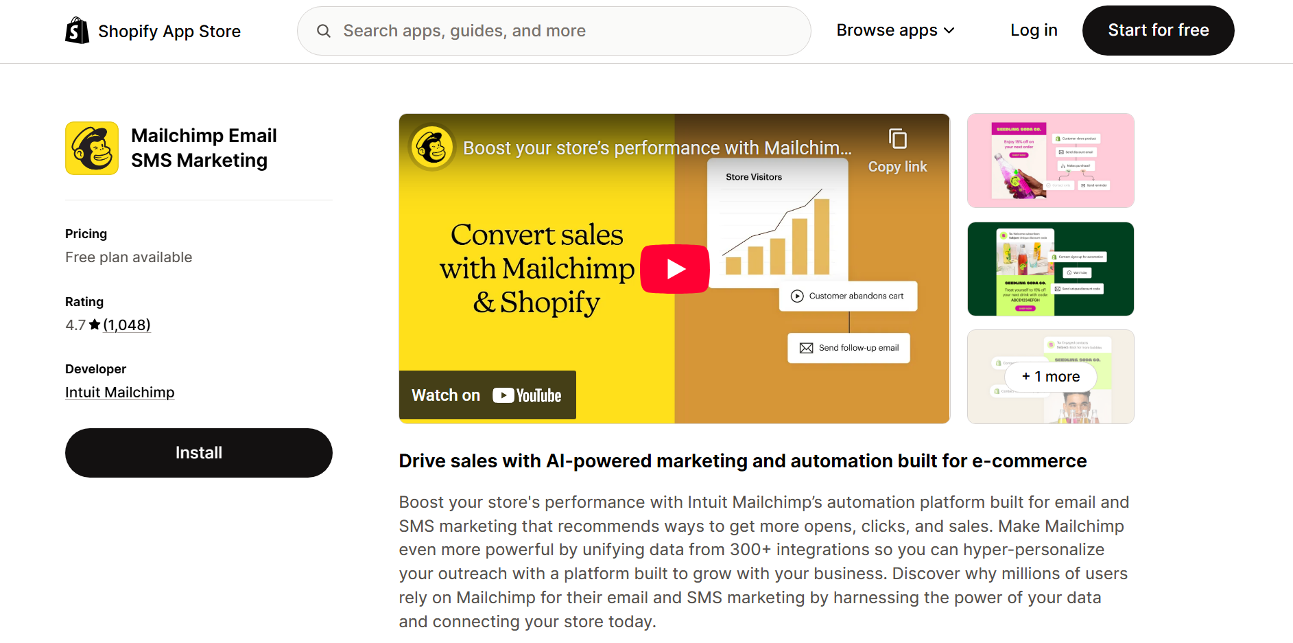 Best email marketing for Shopify: Shopify App Store page for Mailchimp Email SMS Marketing app, showing an app banner, install button, rating, screenshots, and a YouTube video about boosting sales with Mailchimp and Shopify integration.