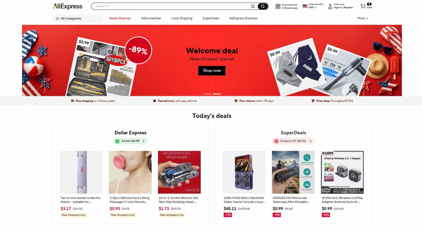 Dropshipping pet products: AliExpress home page