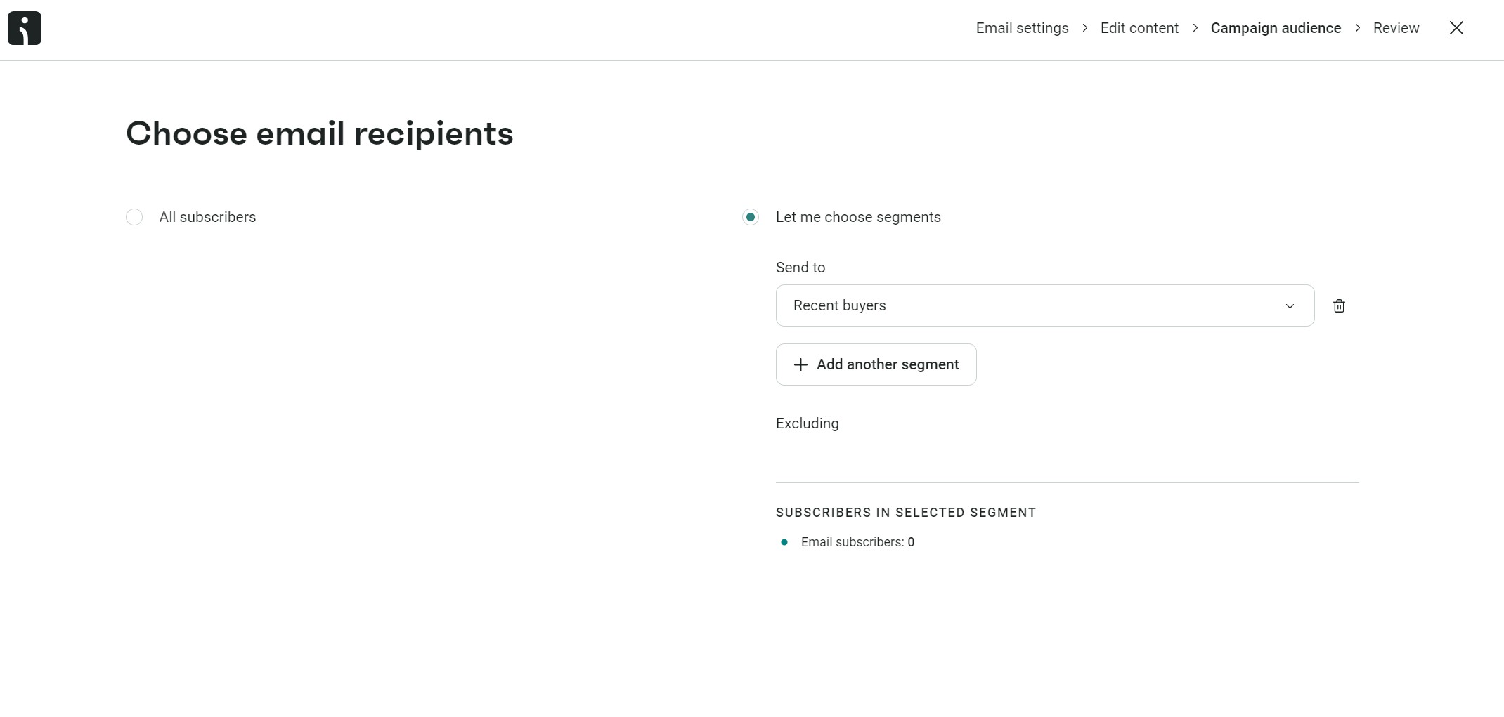 Email marketing campaign: A webpage titled “Choose email recipients” shows options to select all subscribers or specific segments such as “Recent buyers.” There is a button to add another segment and a summary of selected subscribers.