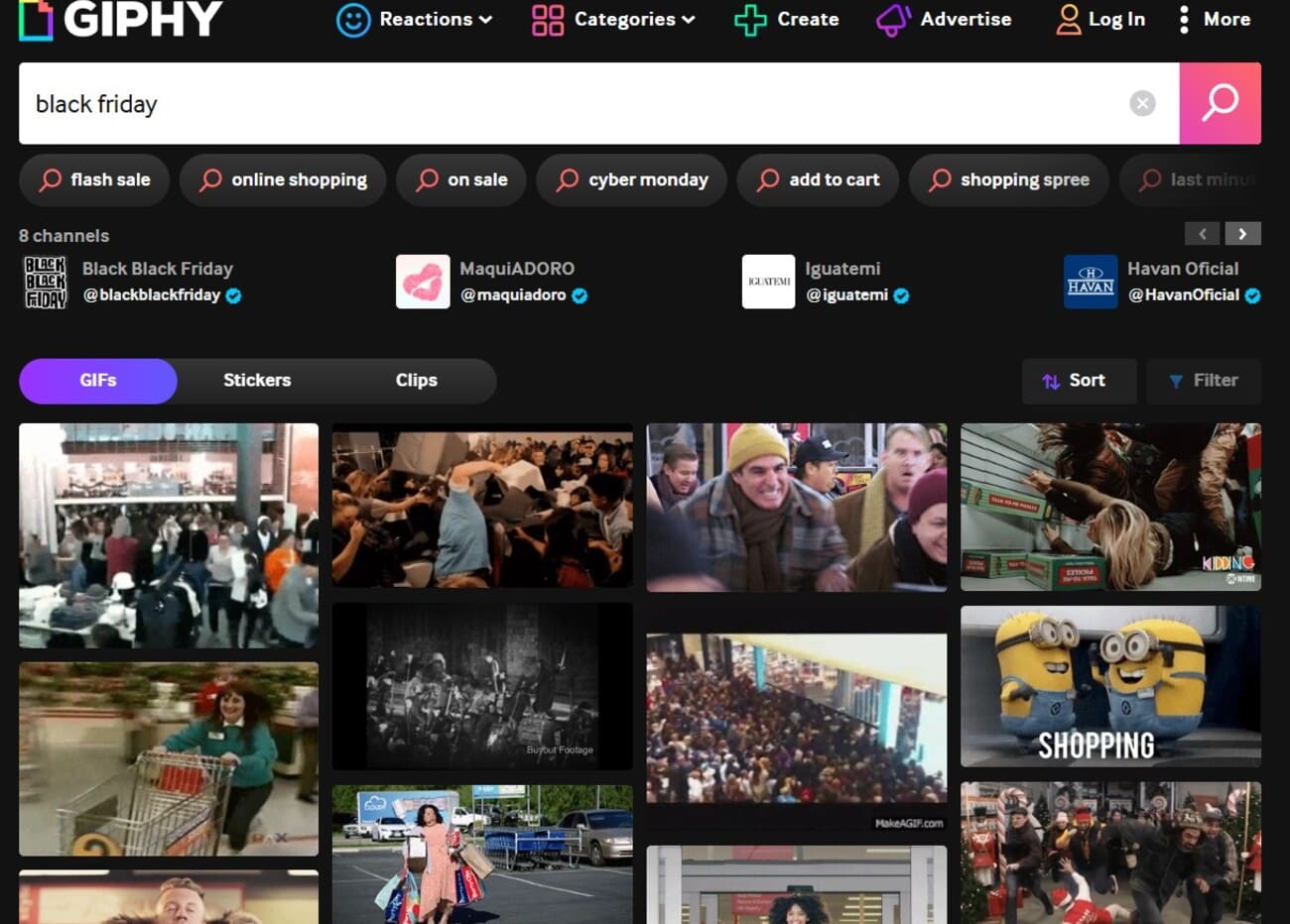 How to insert a GIF into an email: Screenshot of the GIPHY website with black friday searched, showing various GIFs and videos of crowds shopping, excited people, and Black Friday sales, along with search filter buttons at the top.
