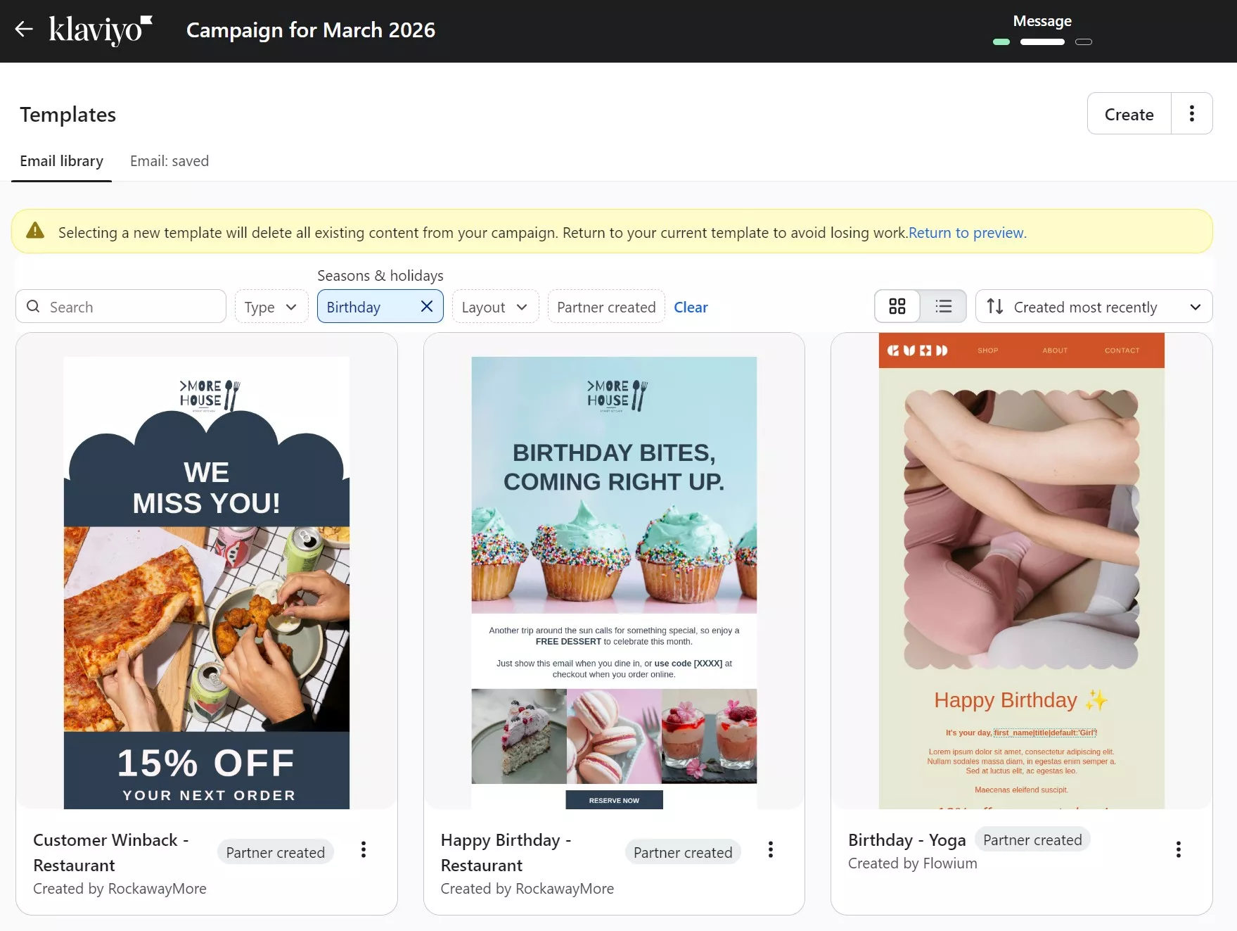 Omnisend vs Klaviyo: A screenshot of the Klaviyo email templates page shows three birthday-themed email templates: a pizza discount, cupcakes with candles, and a heart-themed yoga birthday greeting. A yellow alert bar is visible at the top.