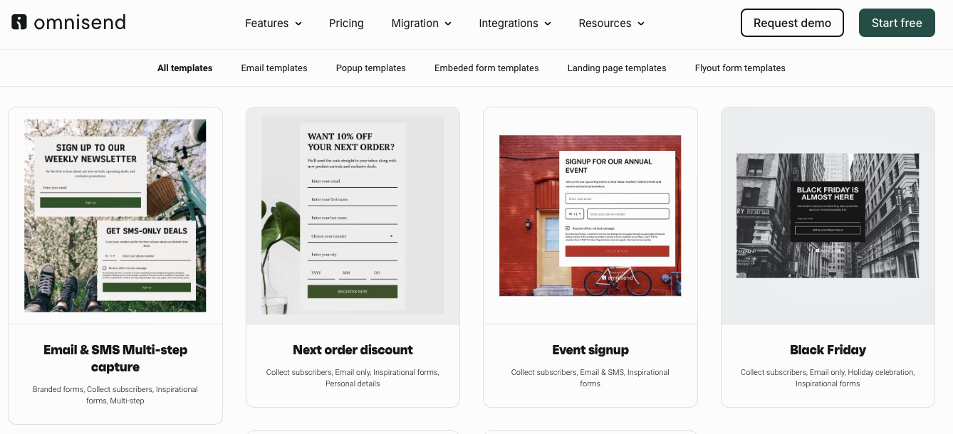 Shopify SMS: A webpage from Omnisend displays four form templates: Email & SMS Multi-step capture, Next order discount, Event signup, and Black Friday, each with a preview image and brief descriptions below.