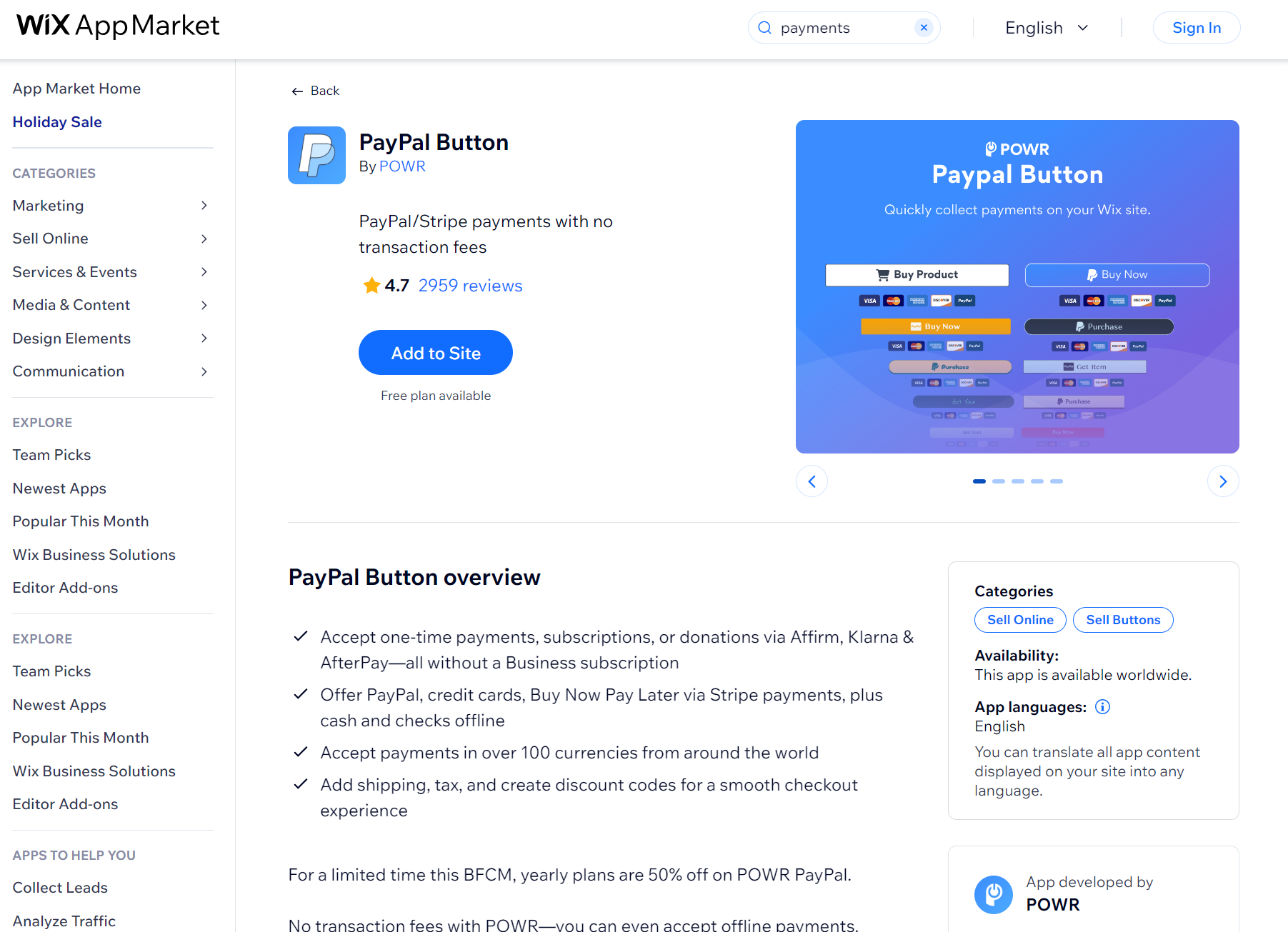 Wix apps: PayPal Button app page