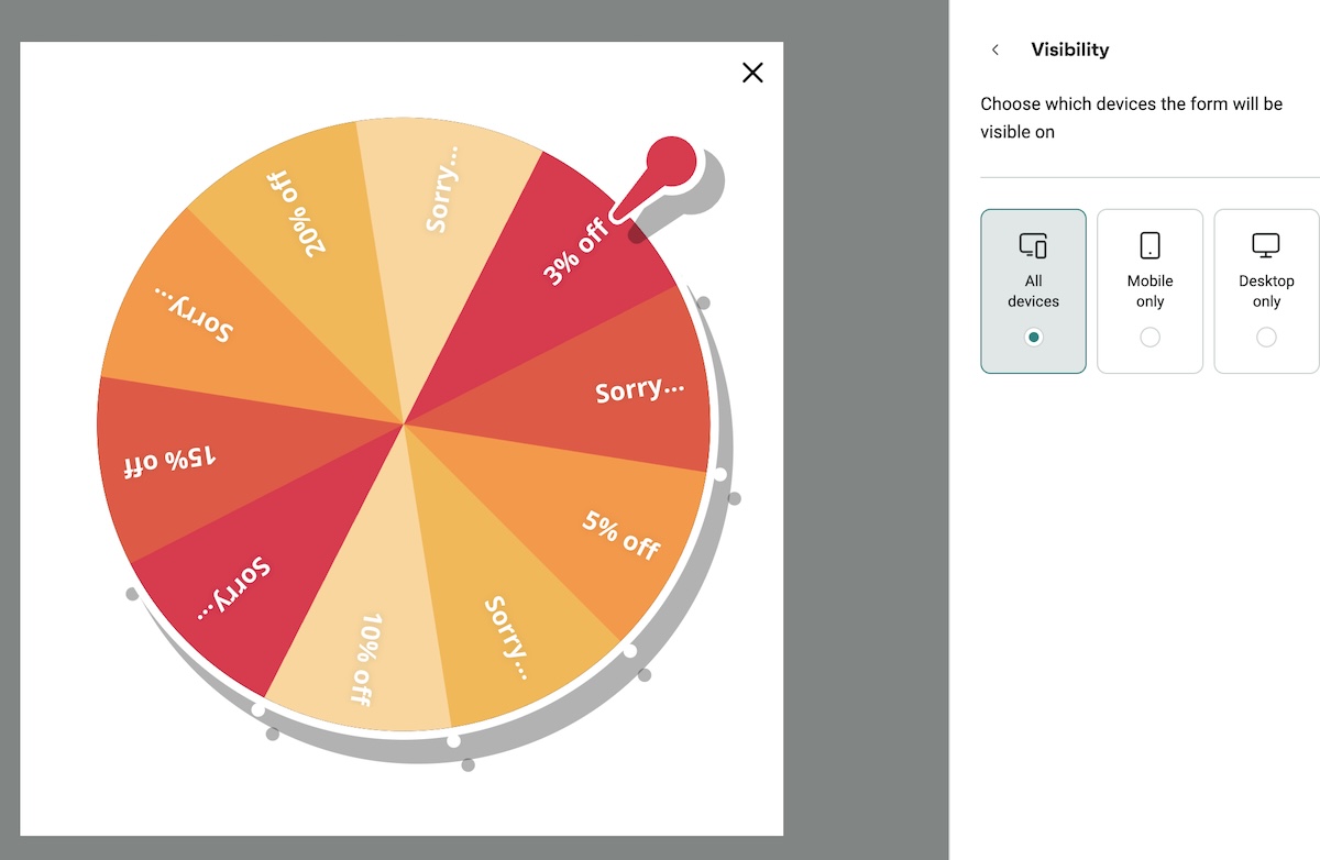 Shopify spin the wheel: A digital spinning prize wheel with segments showing “Sorry,” “3% off,” “5% off,” “10% off,” “15% off,” and “20% off.” The pointer lands on “3% off.” Visibility device options are shown on the right.