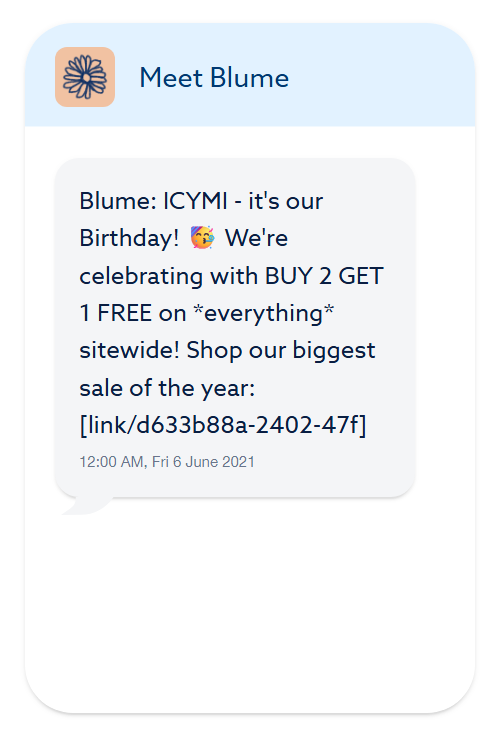 SMS marketing: A chat message from Blume announces a birthday sale with a Buy 2 Get 1 Free on everything offer, including a link and a party emoji. The message is dated June 6, 2021, at 12:00 AM.