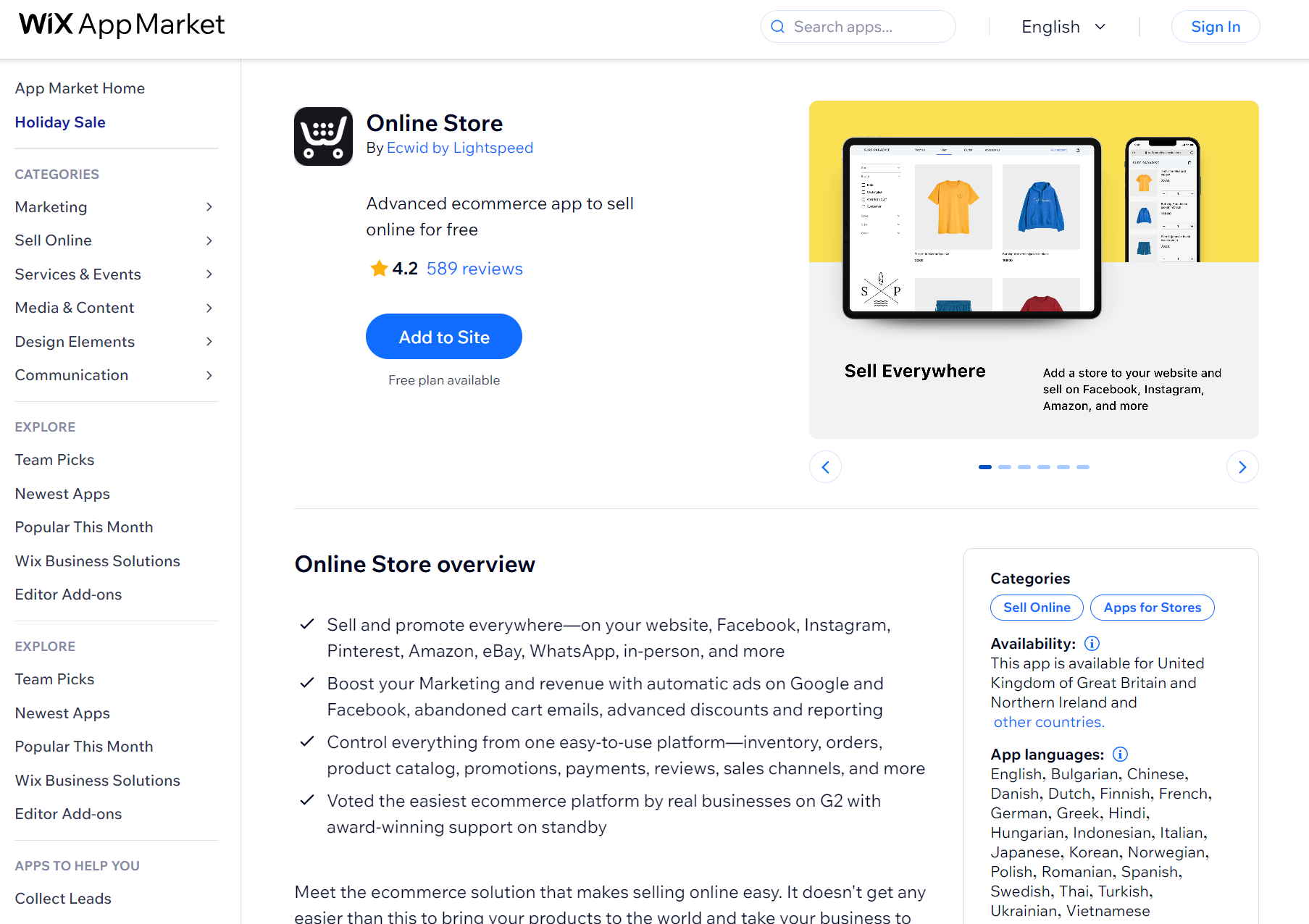Wix apps: Ecwid by Lightspeed app page