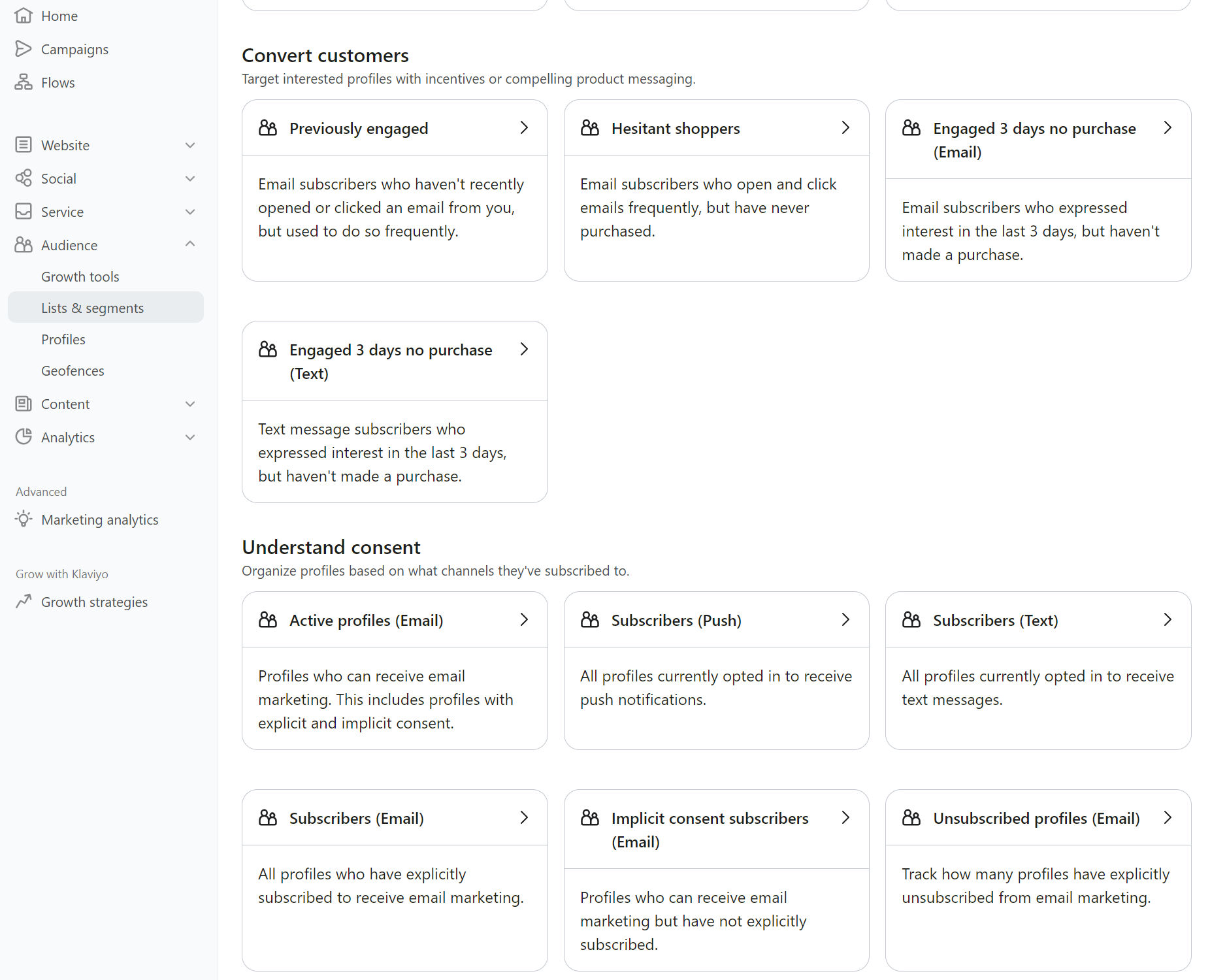 MailerLite vs Klaviyo: A dashboard showing customer segments for marketing: Previously engaged, Hesitant shoppers, Engaged 3 days no purchase (Email/Text), and various subscriber consent profiles, including active, push, and unsubscribed.
