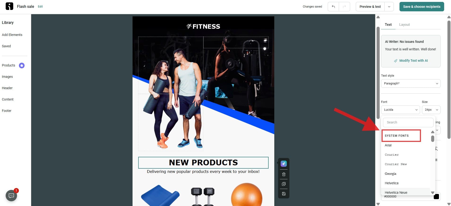 Email-safe fonts vs custom fonts: A screenshot of an email editor showing a fitness-themed template with two people in workout attire. A red arrow points to SYSTEM FONTS in the right panel’s font selection menu.