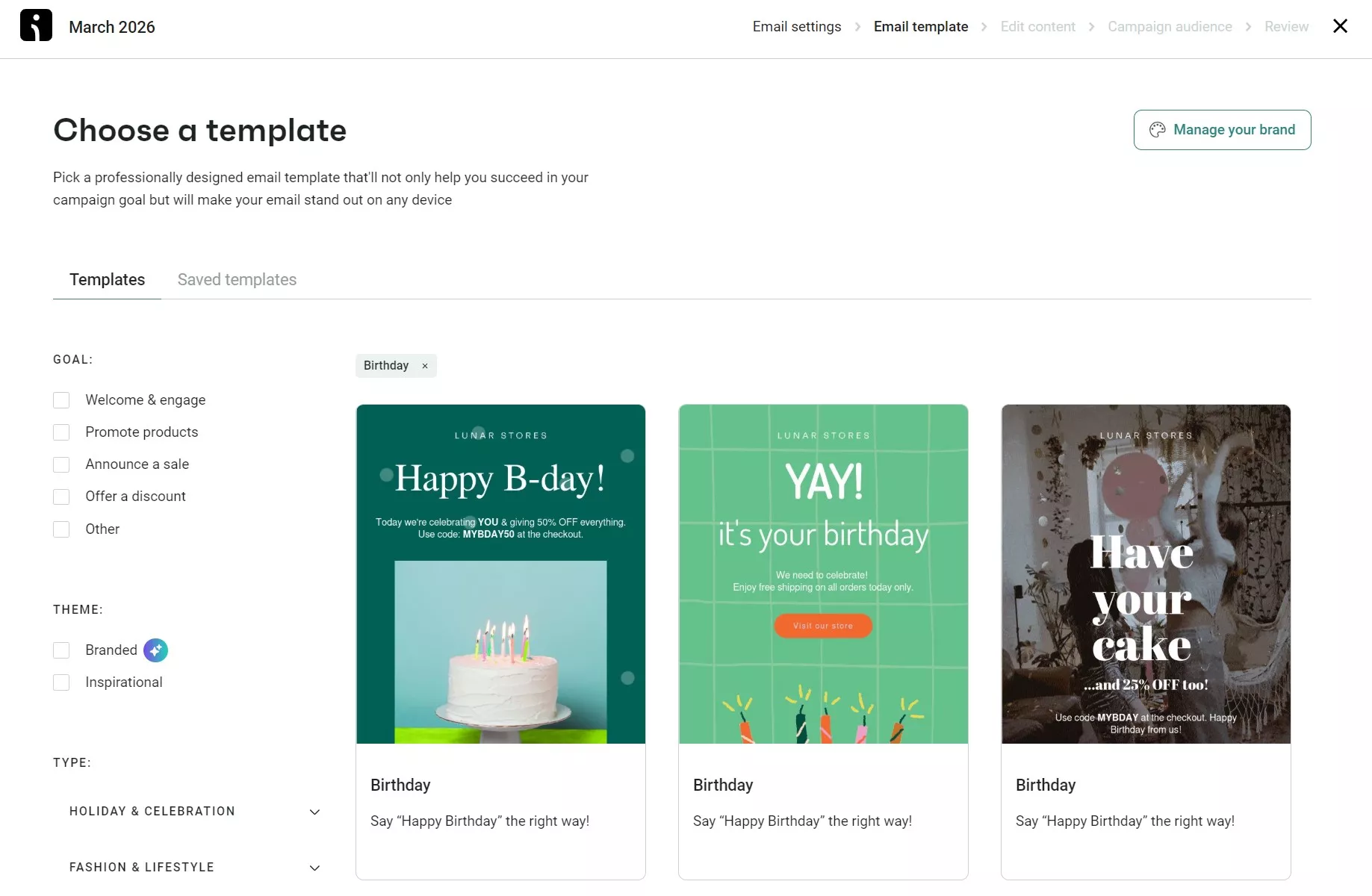Omnisend vs Klaviyo: A webpage displays email templates for birthdays, featuring three colorful designs with cakes and festive graphics. Options and filters are on the left side, and a navigation bar is at the top.
