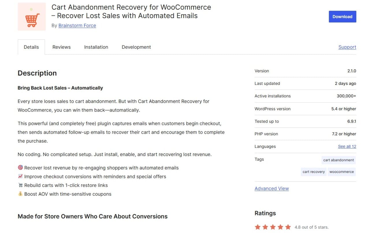 WooCommerce email marketing plugins: A plugin page for Cart Abandonment Recovery for WooCommerce, showing its features, version info, ratings, and a download button on a light background. The plugin helps recover lost sales with automated emails.