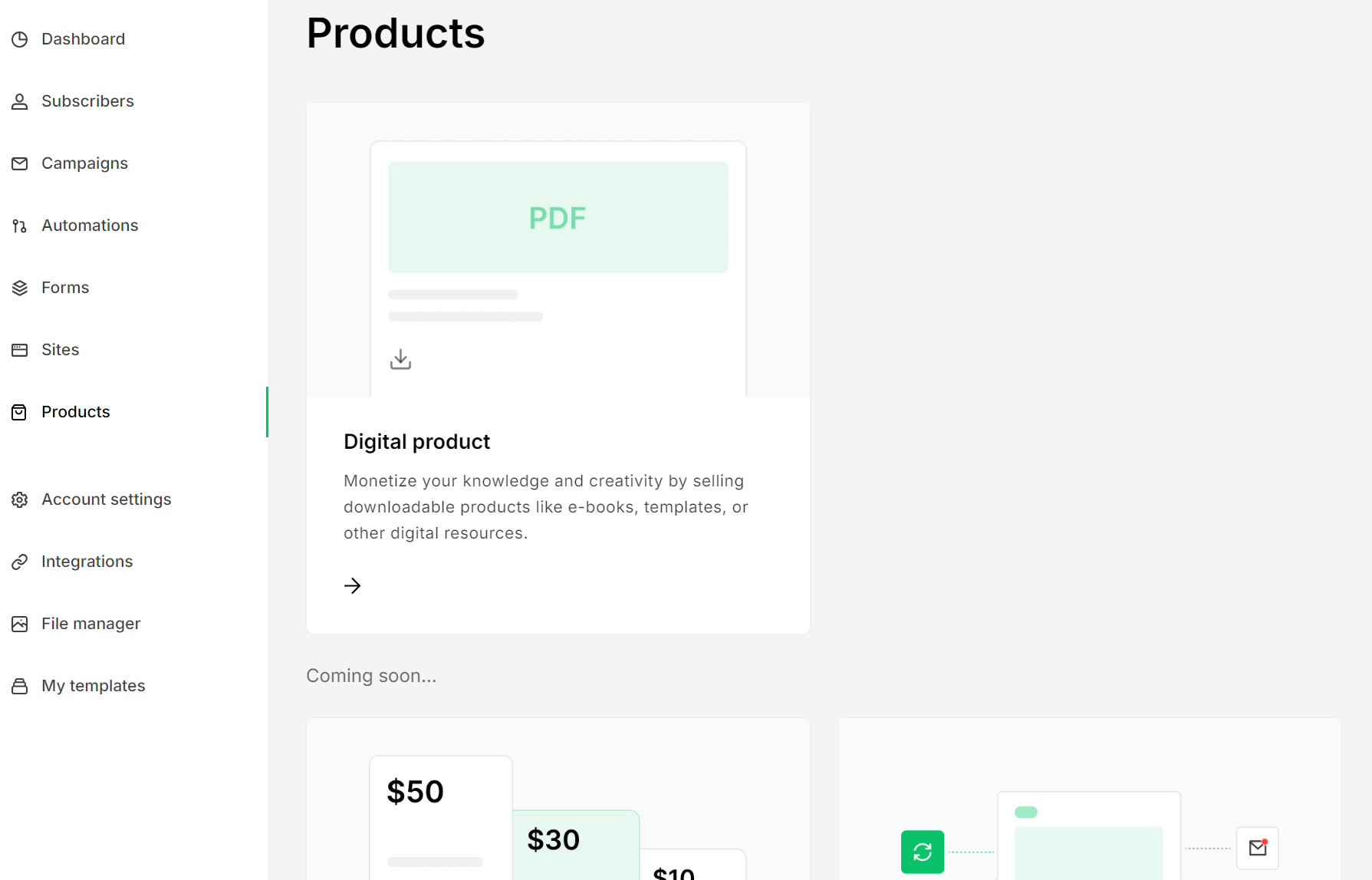 Mailchimp alternatives: A web dashboard displays a Products section, highlighting a digital product with a PDF icon and description. Sidebar menus on the left list options like Dashboard, Subscribers, Campaigns, and Automations.