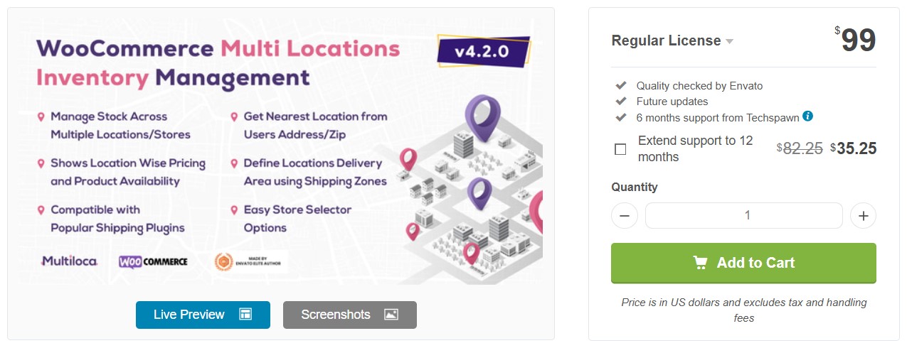 WooCommerce inventory management: Screenshot of a product page for WooCommerce Multi Locations Inventory Management showing features, version 4.2.0, price $99, support details, and an Add to Cart button. Map icons and a checklist illustrate features.