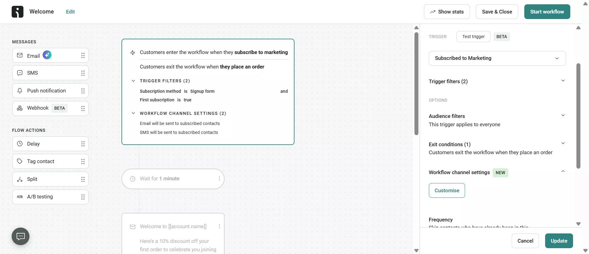 Shopify discount popup: Screenshot of a workflow automation tool showing a marketing workflow triggered by subscription or order placement, with options for email and SMS messages, filters, and workflow customization settings on the right panel.