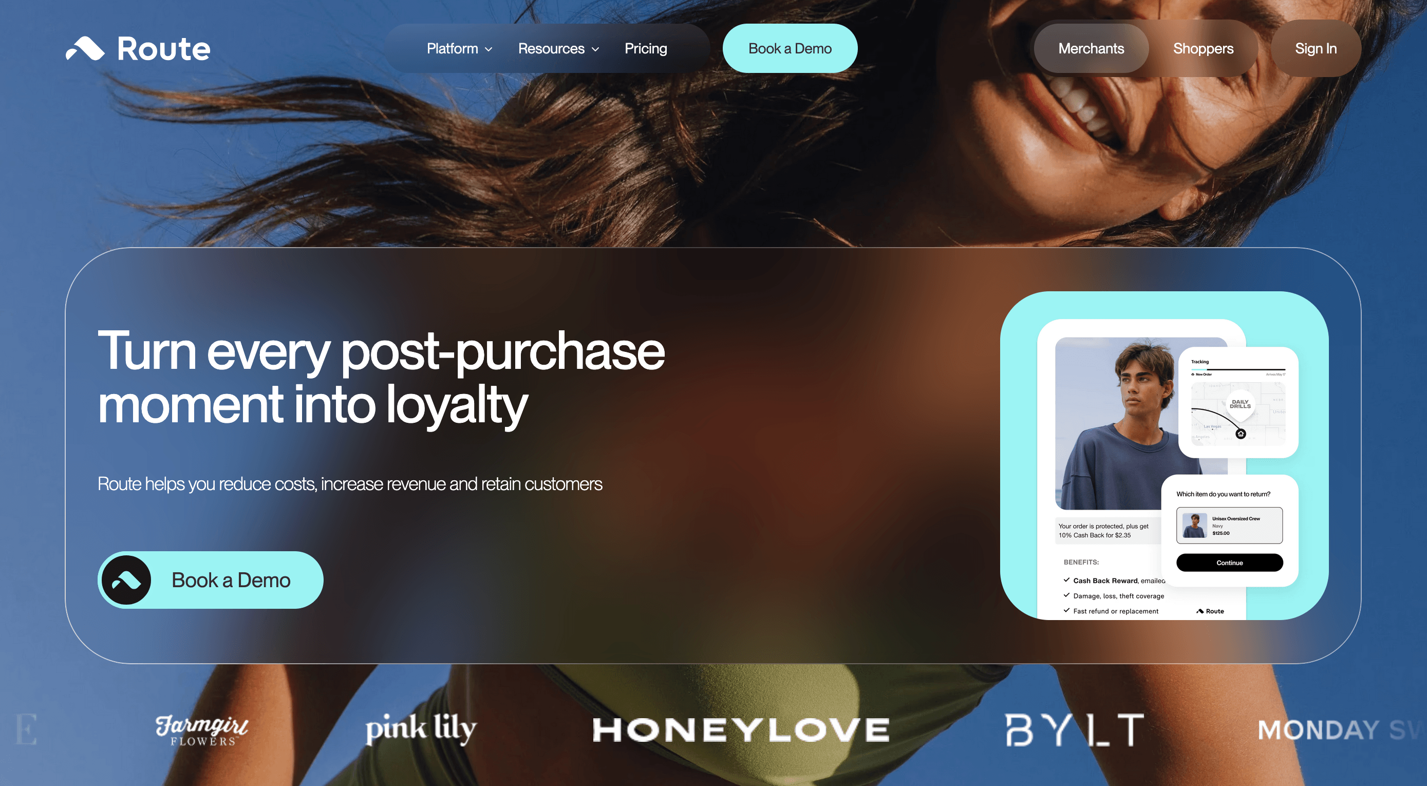 WooCommerce shipment tracking: A website homepage with a smiling woman in the background, a headline reading Turn every post-purchase moment into loyalty, a Book a Demo button, and a product demo image. Logos for brands appear at the bottom.