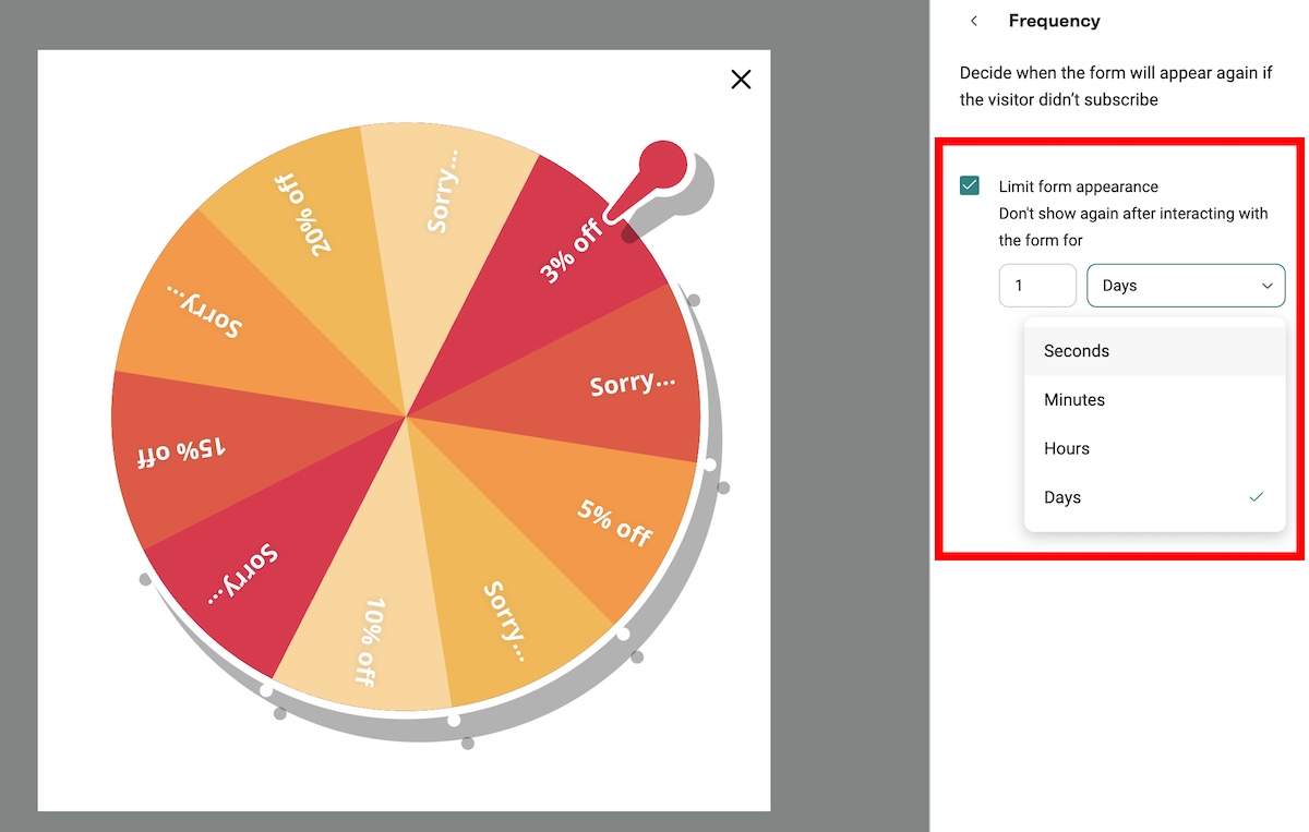 Shopify spin the wheel: A colorful spinning prize wheel with sections showing different discounts and Sorry... messages. On the right, a settings box lets users limit how often a form appears, with a dropdown for time intervals.