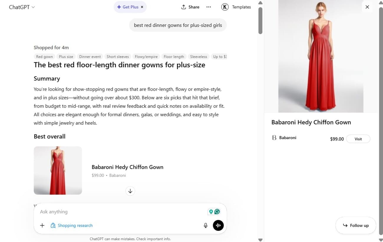 Shopify checkout: Screenshot of a shopping search for plus-size red floor-length dinner gowns. Featured is a red chiffon gown by Babaroni priced at $99, shown on a woman, with summary text and product details on the page.